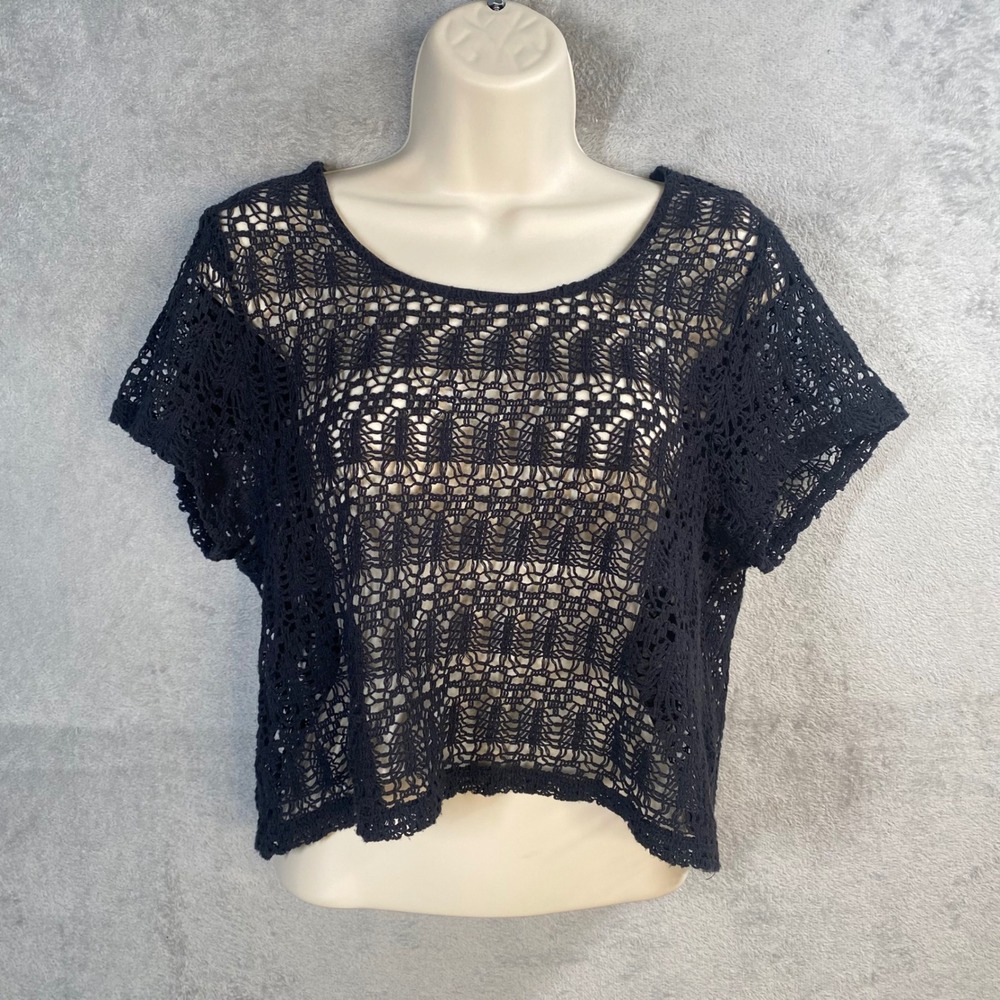 Vans Crochet Crop Top Womens XS Black Open Knit Boho Indie‎ Y2k Coquette Grunge